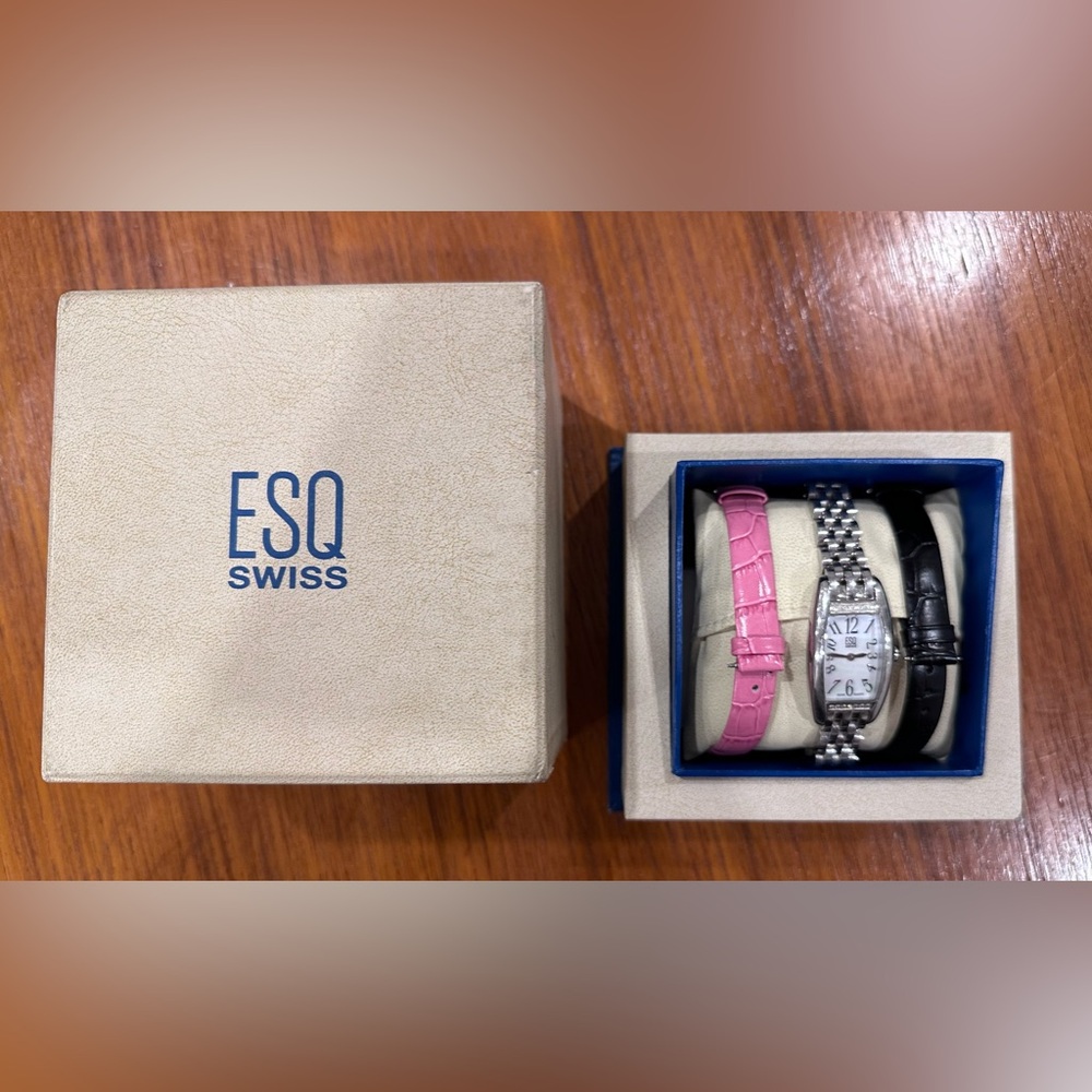 ESQ by Movado Cassandra Stainless Steel Wrist Watch w/ Diamonds + extra bands
